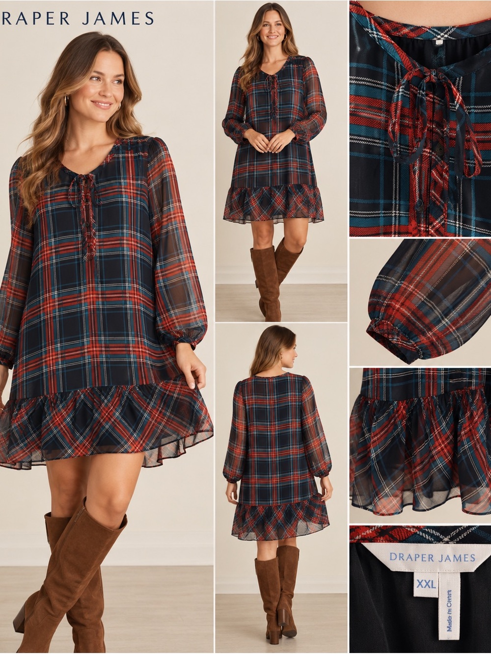 Draper James Plaid Chiffon Ruffle Hem Dress XXL Red Teal Black